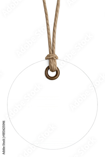 Blank Round Price Tag Mockup Hanging from Rustic Jute Twine with Grommet, Perfect for Product Labeling, Retail, Crafts, and Promoting Sales, Isolated on Neutral Background (200)