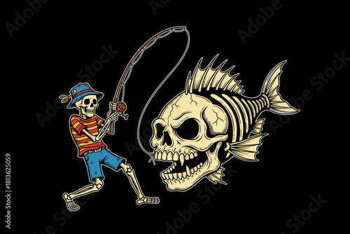 Skeleton fisherman catches a giant skull fish with sharp teeth.