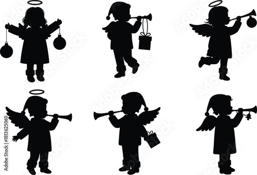Silhouette Christmas angel children playing trumpets and holding festive ornaments, cute holiday angel figures isolated on white background for Christmas decoration and seasonal design