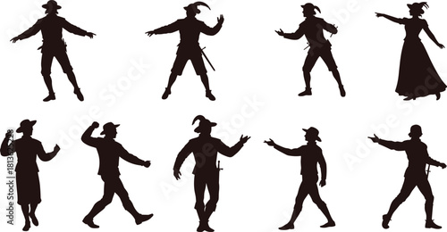 Silhouette medieval characters in dynamic poses wearing historical costumes, vintage figures gesturing in various actions, classic retro illustration set for storytelling, theater and artwork scenes