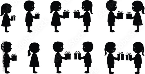 Silhouette of boy and girl exchanging gifts, children giving present illustration, friendship kindness concept, happy kids celebrating, love and sharing vector design art