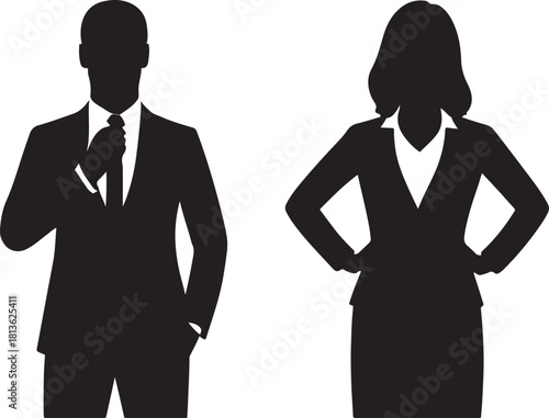 Business people silhouette vector. A professional man and woman in corporate suits standing confidently.