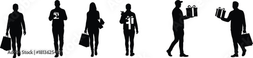 Silhouette shoppers and gift holders walking with bags and presents, representing holiday shopping, gifting concept, consumer behavior, retail activity, celebration season and festive lifestyle