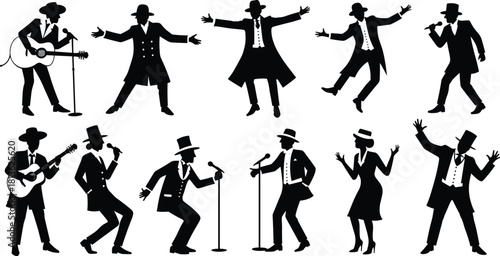 Vintage musician and singer silhouettes performing on stage with dynamic poses, classic hats, instruments, microphones, and expressive dance movements in retro artistic style illustration