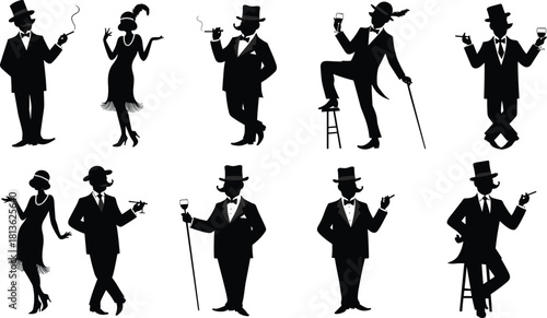 Vintage 1920s elegant silhouettes of men and women smoking and drinking, classic retro fashion characters, flapper style poses, gentleman figures for decorative illustration