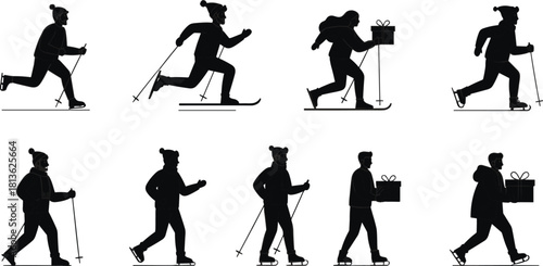 Winter silhouette people skiing, skating, carrying gifts, holiday outdoor sports illustration, Christmas activity icons, festive season characters, snow recreation figures, vector design