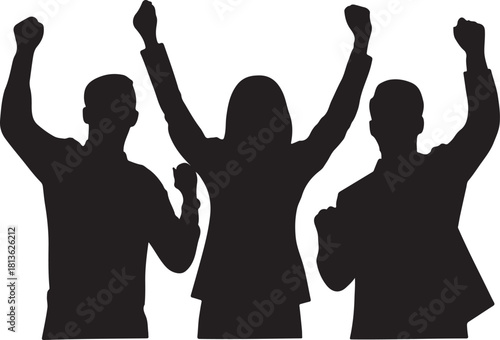Business Team Celebration Silhouette Vector – Colleagues Cheering with Raised Hands