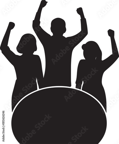 Happy people celebrating silhouette vector. A successful team raising its hands up for victory and achievement.