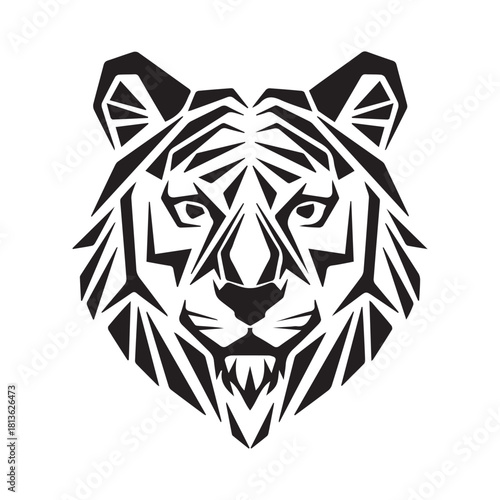 Stylized Geometric Tiger Face Illustration with Bold Black and White Lines