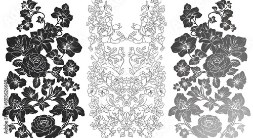 Black and white flower silhouettes with detailed shapes, presented in a high-contrast artistic style for graphic design use.