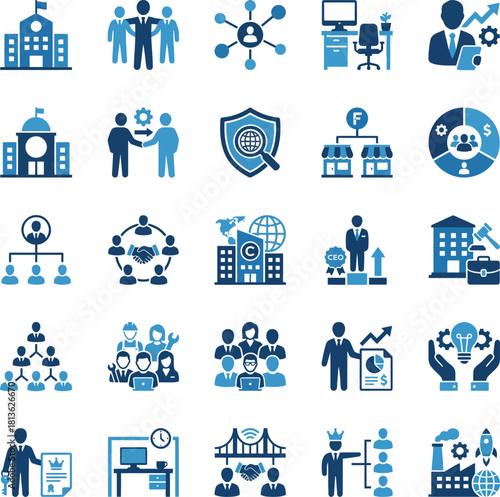 Business Management & Corporate Teamwork Icons Set – 25 Blue Leadership, Office, Strategy and Organization Vectors