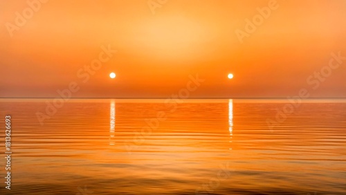 Sunset over calm water with dual suns reflecting in orange sky and serene waves at the horizon