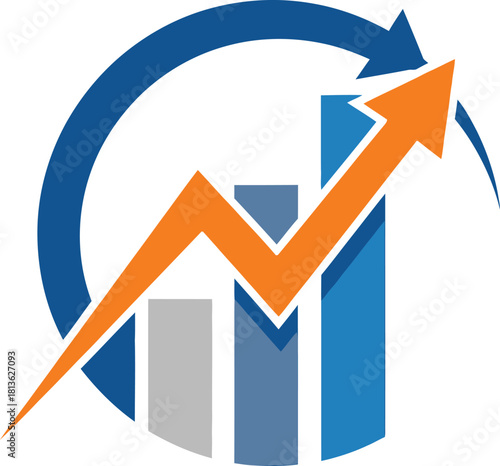 Business Growth Chart – Stylized Bar Graph with Upward Arrow and Circular Arc Representing Progress and Performance