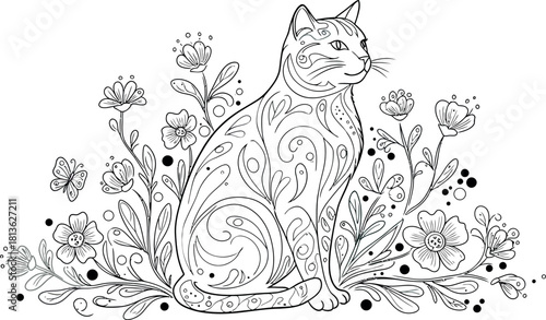 Whimsical hand drawn illustration of a stylized cat surrounded by a dense arrangement of wildflowers and foliage in a detailed line art style