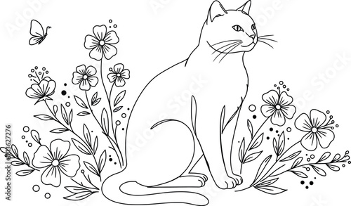 Whimsical hand drawn illustration of a playful cat peeking through lush green foliage and flowers in a garden setting