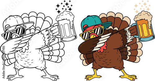 Turkey character dabbing with beer mug Colour and Outline Vector