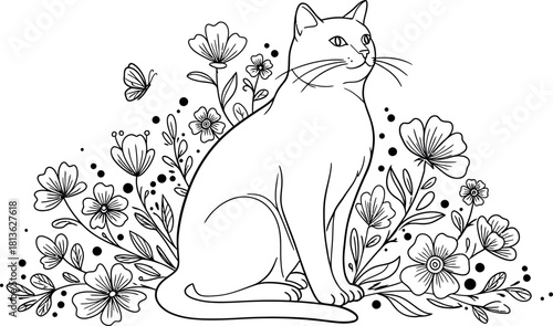 Elegant line drawing of a sitting cat surrounded by a dense arrangement of wildflowers and delicate foliage creating a whimsical natural scene