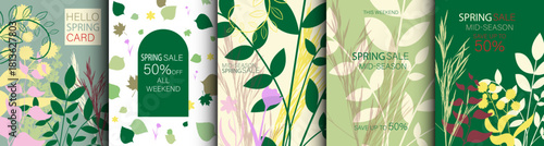 Big set of Spring Sale background, banner, flyer, template for advertising, web, social media, web. Hello Spring posters card frame typography design with leaves, plants.