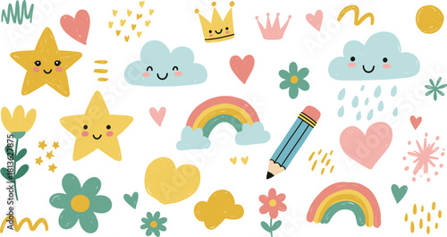 Seamless vector pattern illustration with funny cartoon animals and summer flower icons