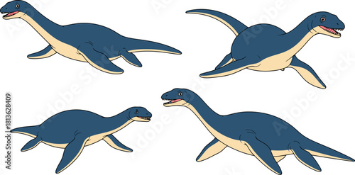 Four blue plesiosaurs swimming in the ocean prehistoric marine reptiles.