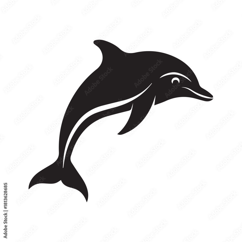 Naklejka premium Stylized black dolphin silhouette jumping from the water, a simple and elegant marine animal icon for a logo or tattoo design