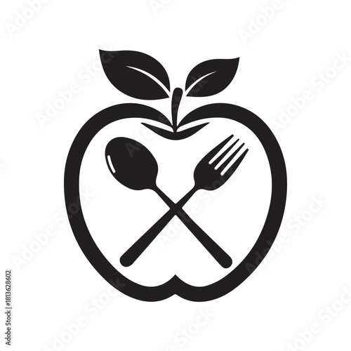 Elegant food and health emblem design featuring an apple silhouette encompassing a spoon and fork, symbolizing fresh produce, balanced meals, and gourmet dining experiences