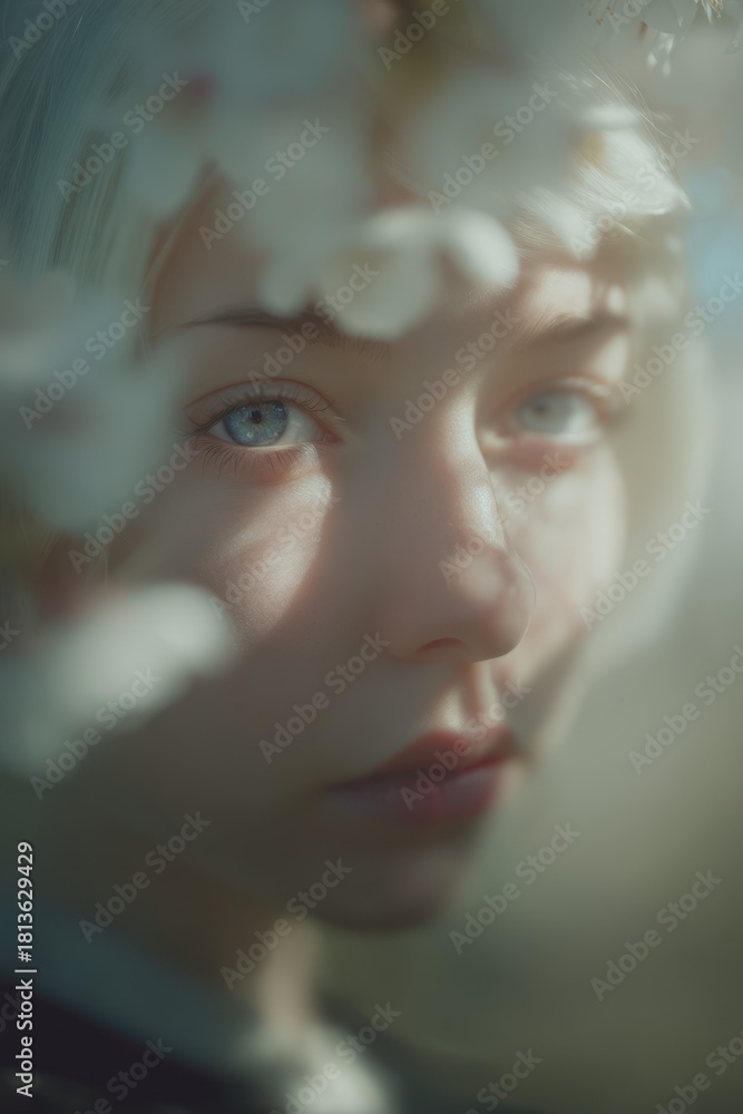 Fototapeta premium Womans portrait with blossoms soft focus artistic aesthetic natural light