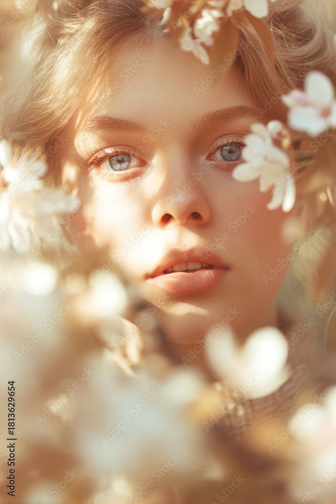 Fototapeta premium Close up portrait of a person with flowers in warm sunlight