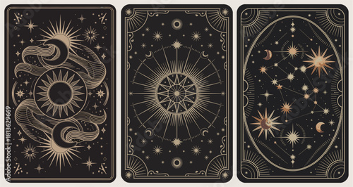 Set of black and gold Tarot card back designs featuring crescent moon, stars, and mystical elements, elegant and magical, perfect for Tarot decks and occult illustrations