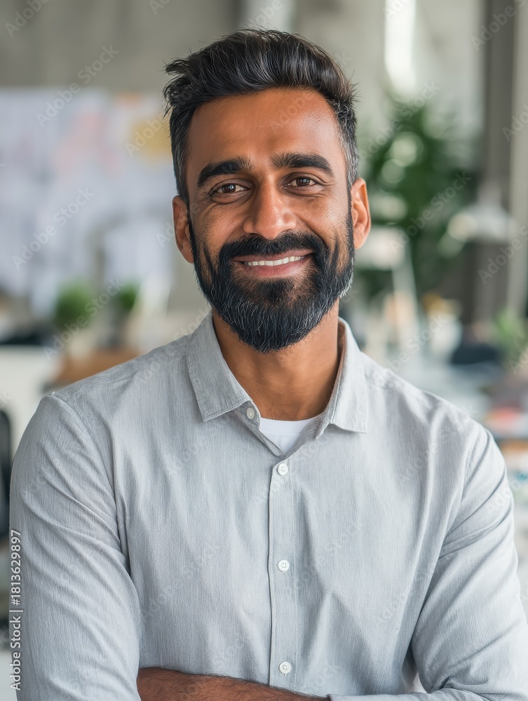 Naklejka premium happy smiling bearded indian business man small business owner company leader or sales manager male hispanic ceo executive successful lawyer looking at camera standing in office headshot portrait no 