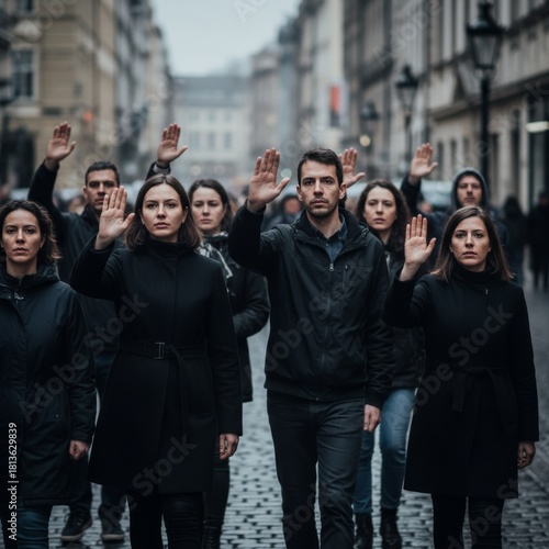 Candid image of diverse people marching on a wet urban street with a symbolic gesture of protest against violence and injustice.