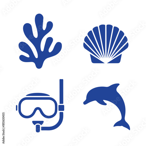 Marine Life Icons Dive into Vector Graphics of Seashell, Coral, Dolphin, and Snorkel