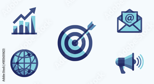 Boost Your Business: Dynamic Marketing Strategy Icons for Growth, Targeting, Global Reach, Email, and Announcements, all in One Place! Modern Digital Marketing