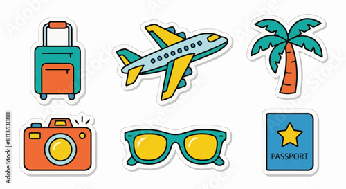Vacation vibes with colorful travel icons: suitcase, airplane, palm tree, camera, sunglasses, passport. Plan your dream getaway with these fun elements