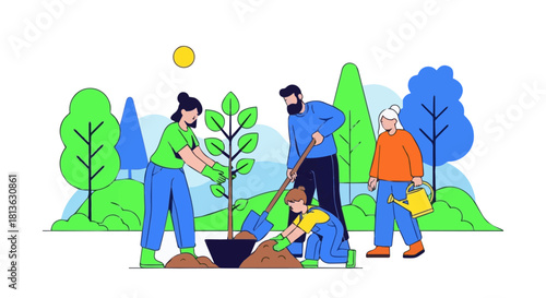 Multi-Generational Family Planting a Tree for Environmental Conservation