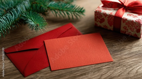 christmas gift certificate on table with decorated red envelope and green fir branches concept of holiday gift giving festive celebrations holiday decor