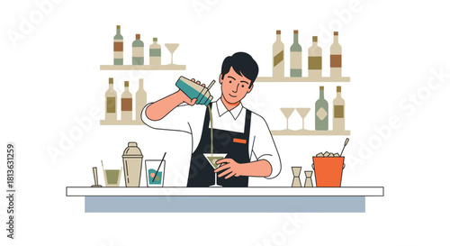 Professional bartender crafting a vibrant martini cocktail in a stylish bar atmosphere with bottles on shelves for a trendy nightlife vibe