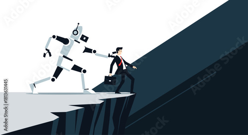 Robot interfering with businessman progress creating a competitive business landscape with automation and artificial intelligence impact on workforce