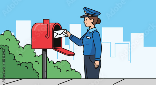 Friendly postwoman delivering mail on her route, ensuring secure and reliable service, showing community connection and dependable work ethic