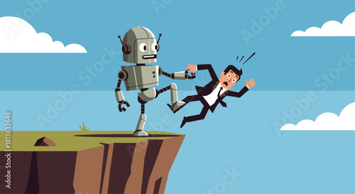 Robot kicks businessman off cliff, illustrating job displacement, automation anxiety, or the ruthless future of work in a competitive world