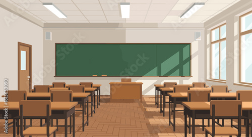 Inviting classroom interior ready for learning, perfect for education themes or back to school designs, desks neatly arranged in warm light