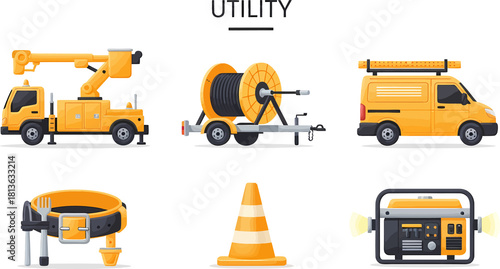 Fotografie Yellow utility vehicles and equipment illustration on white background