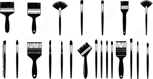 Paintbrush silhouette icon set, brush types vector, art tool shapes, painting equipment design, cad drawing flat vector illustration