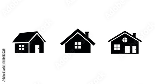 Set of Black Minimalist House Icons. Home and Real Estate Symbols.