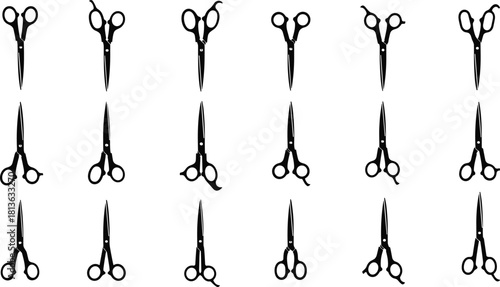 Scissors silhouette icon grid, cutting tool vector, orientation puzzle design, black shape set, cad drawing flat vector illustration