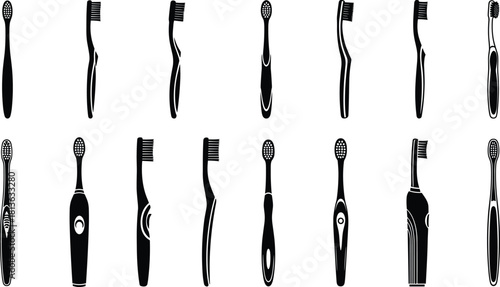 Toothbrush silhouette icon set, dental hygiene tools, oral care vector, brush design styles, cad drawing flat vector illustration