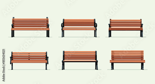 Elegant wooden park benches in various styles and angles perfect for urban design projects or promoting peaceful outdoor spaces today