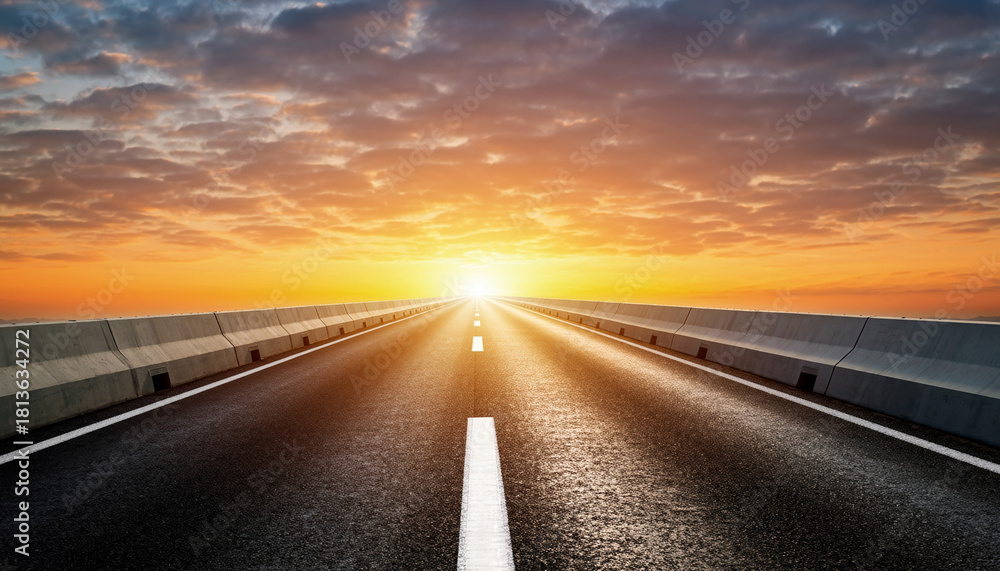 Fototapeta premium Bright sunrise over long open road with warm horizon background.