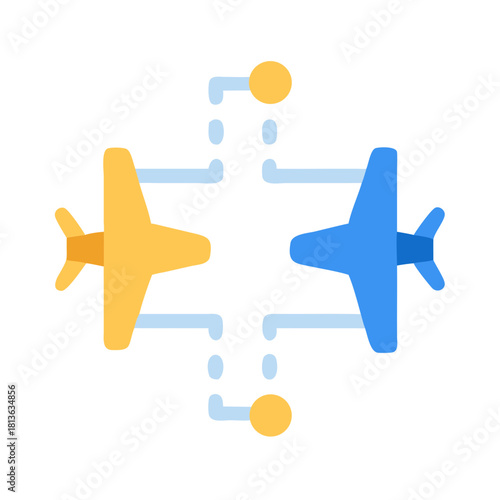 Connected airplanes representing network connections between blue and yellow planes