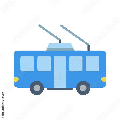 Simplified flat illustration of a light blue trolleybus on black